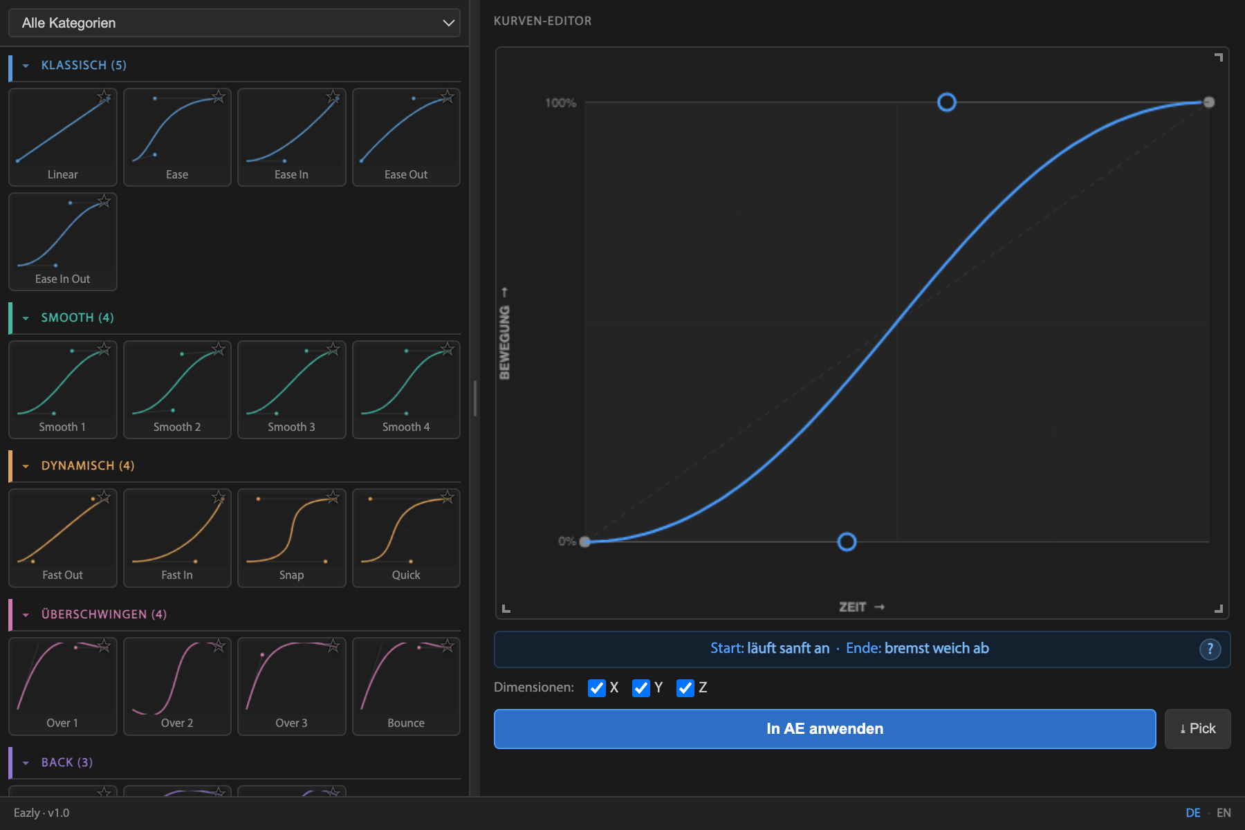 Das Eazly-Panel in After Effects: links die Preset-Bibliothek, rechts der visuelle Kurven-Editor mit Live-Erklärung.